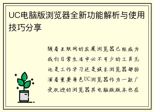 UC电脑版浏览器全新功能解析与使用技巧分享